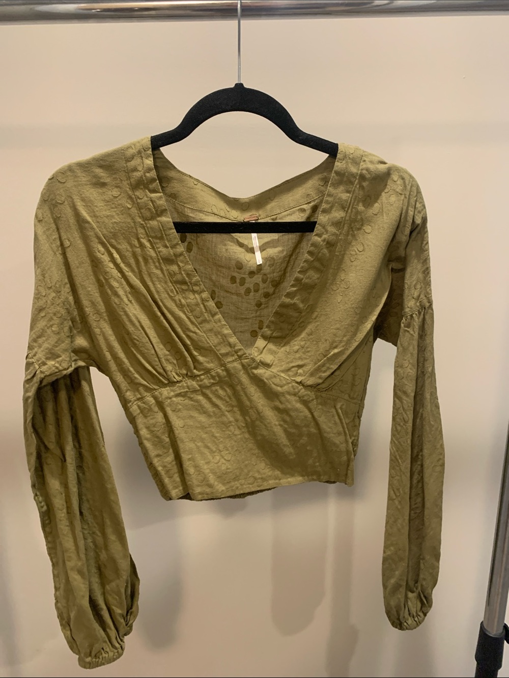 Free People Olive Green V-Neck Textured Crop Blouse